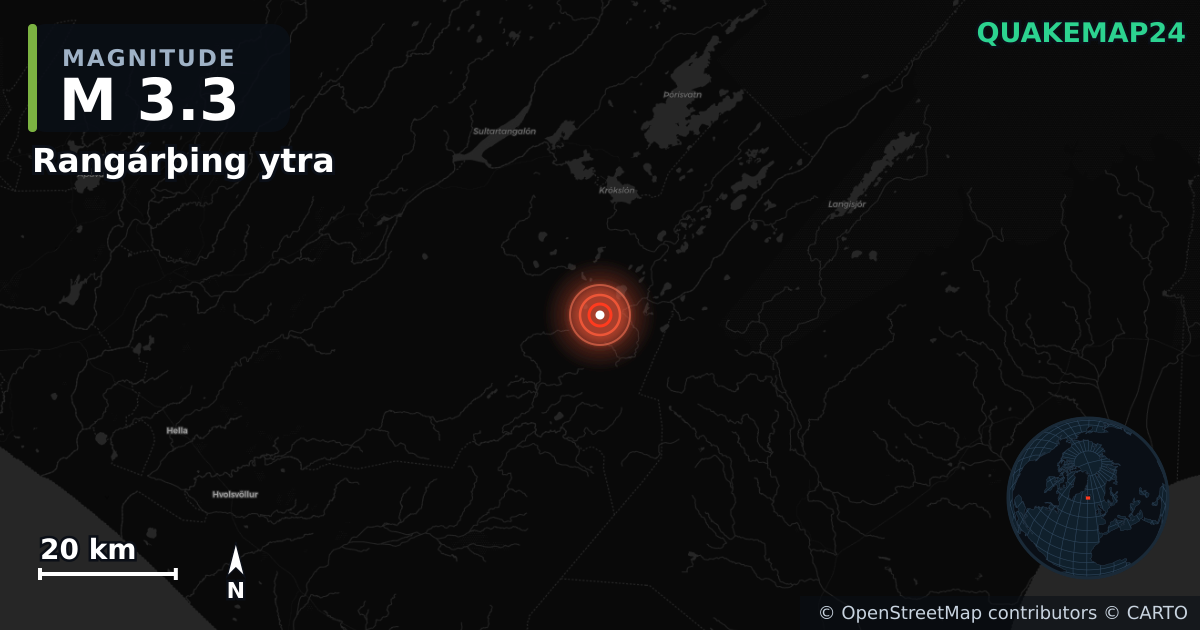 M3.3 earthquake near Rangárþing ytra on Mar 12, 2026 — map of epicenter and shaking intensity | QuakeMap24