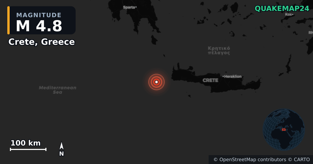Crete, Greece yakınında M4,8 deprem · 2026-02-07 — Deprem merkez üssünün konumunu gösteren harita