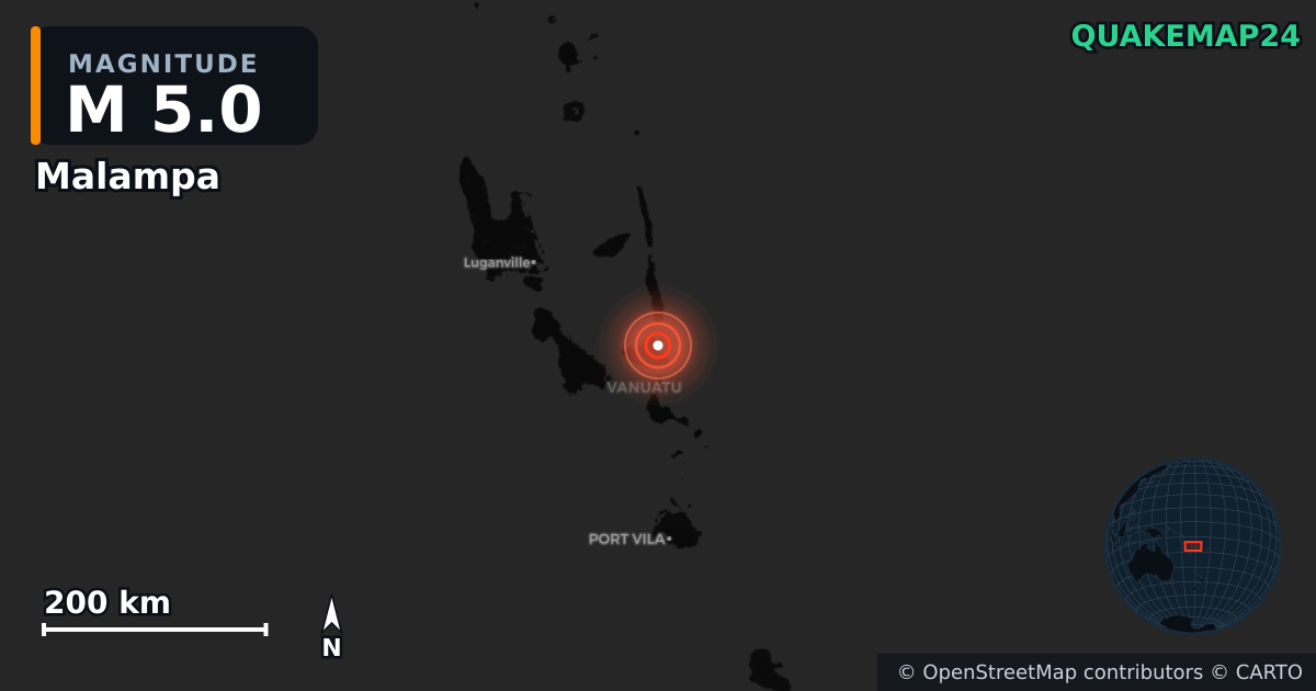 M5.0 earthquake near Malampa on Mar 31, 2026 — map of epicenter and shaking intensity | QuakeMap24