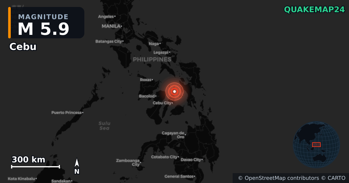 M5.9 earthquake near Cebu on Oct 12, 2025 — map of epicenter and shaking intensity | QuakeMap24