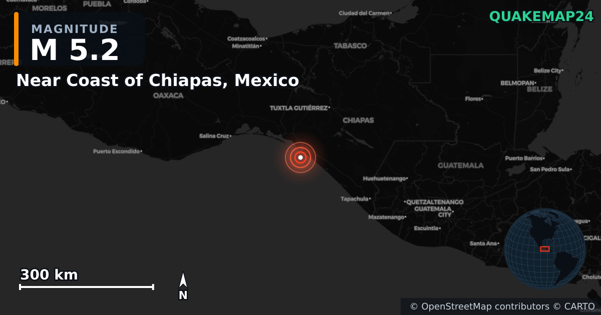 M5.2 earthquake near Near Coast of Chiapas, Mexico on Jul 10, 2025 — map of epicenter and shaking intensity | QuakeMap24