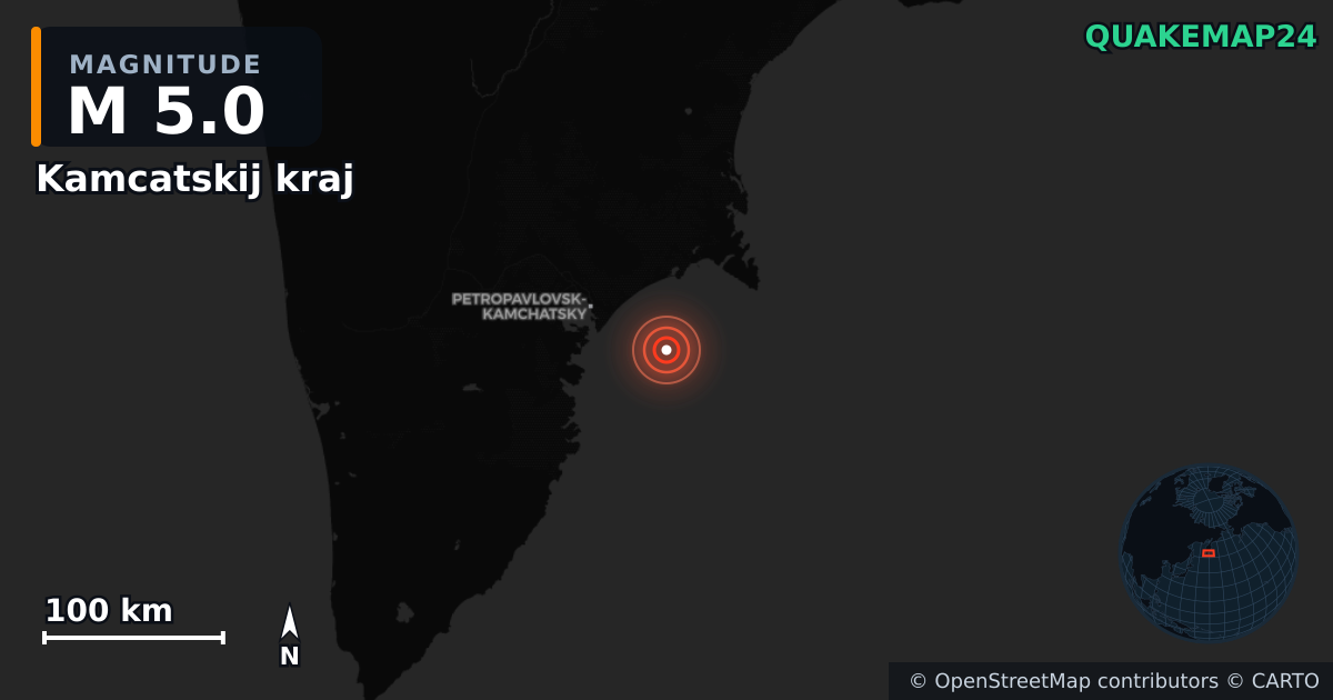 M5.0 earthquake near Kamcatskij kraj on Jan 12, 2026 — map of epicenter and shaking intensity | QuakeMap24