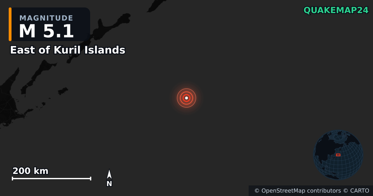 M5.1 earthquake near East of Kuril Islands on Feb 26, 2026 — map of epicenter and shaking intensity | QuakeMap24