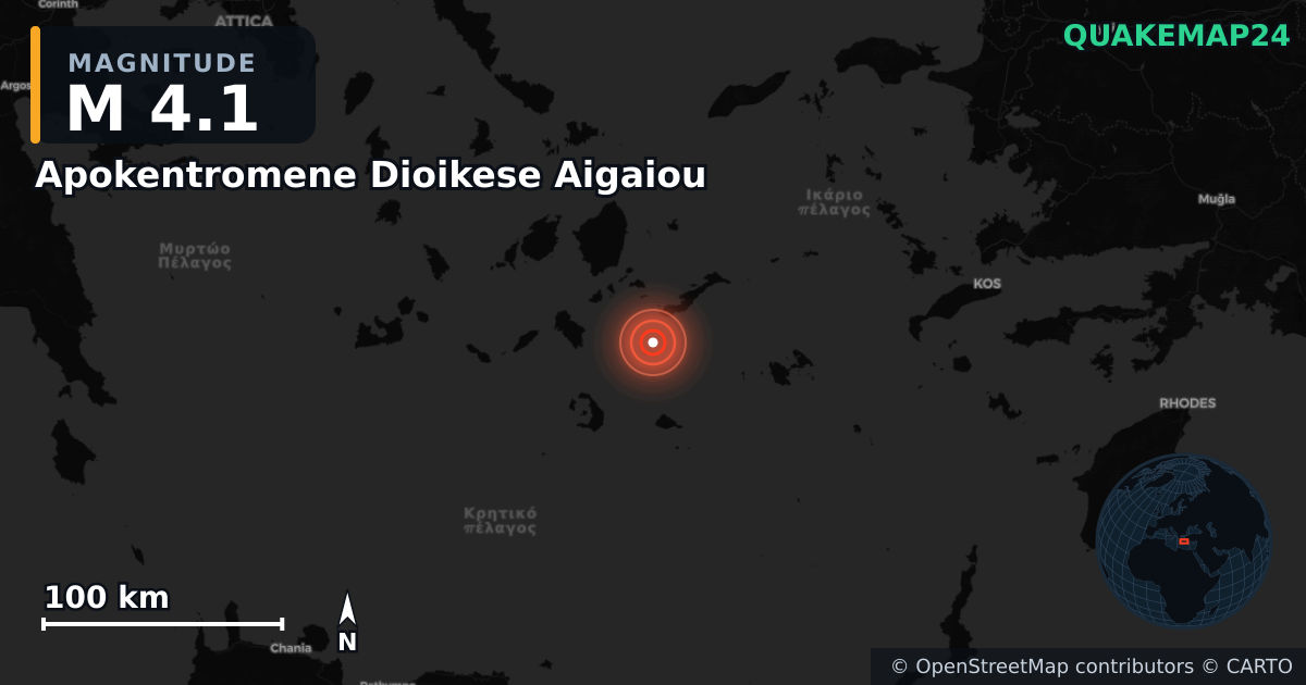 M4.1 earthquake near Apokentromene Dioikese Aigaiou on Jul 2, 2025 — map of epicenter and shaking intensity | QuakeMap24