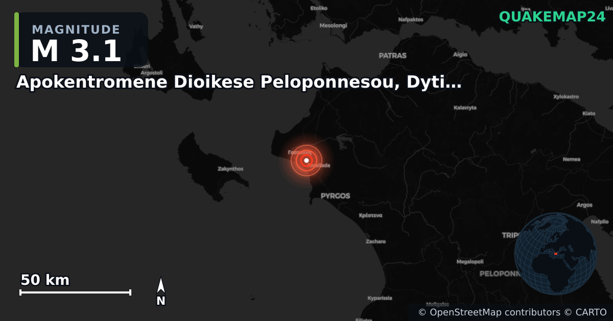M3.1 earthquake near Apokentromene Dioikese Peloponnesou, Dytikes Elladas kai Ioniou on Jun 15, 2025 — map of epicenter and shaking intensity | QuakeMap24