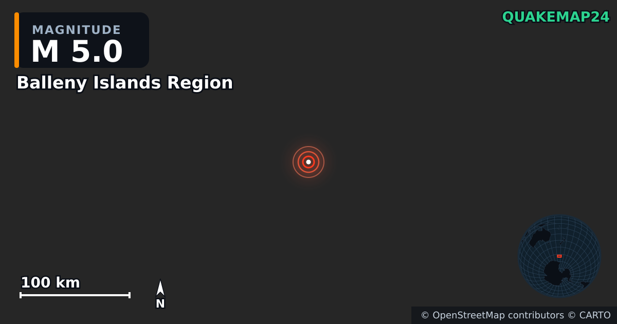 M5.0 earthquake near Balleny Islands Region on Jul 17, 2025 — map of epicenter and shaking intensity | QuakeMap24