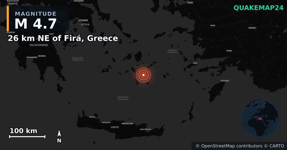 M4.7 earthquake near 26 km NE of Firá, Greece on Feb 4, 2025 — map of epicenter and shaking intensity | QuakeMap24