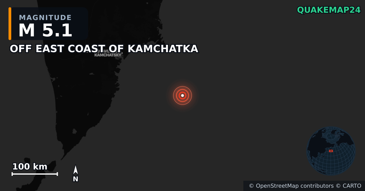 M5.1 earthquake near OFF EAST COAST OF KAMCHATKA on Aug 28, 2025 — map of epicenter and shaking intensity | QuakeMap24