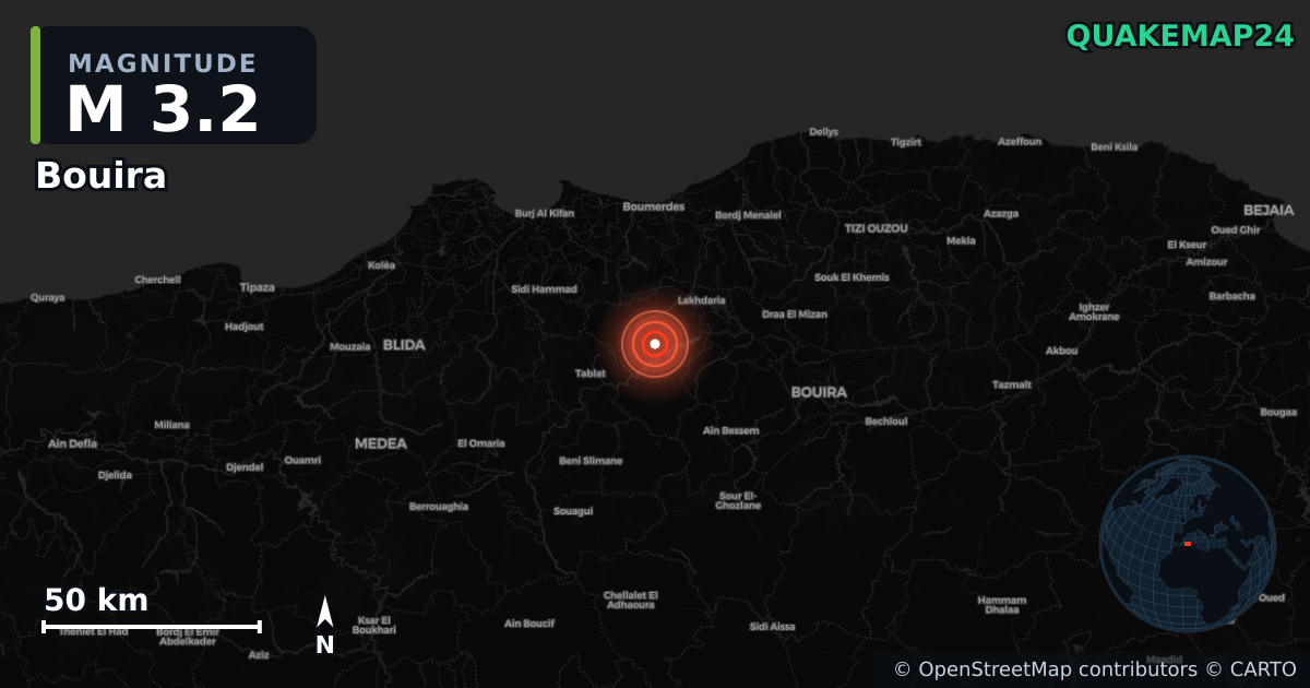 M3.2 earthquake near Bouira on Aug 24, 2025 — map of epicenter and shaking intensity | QuakeMap24
