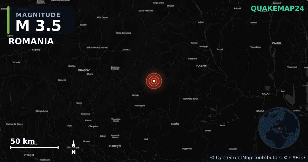 M3.5 earthquake near ROMANIA on Nov 21, 2025 — map of epicenter and shaking intensity | QuakeMap24
