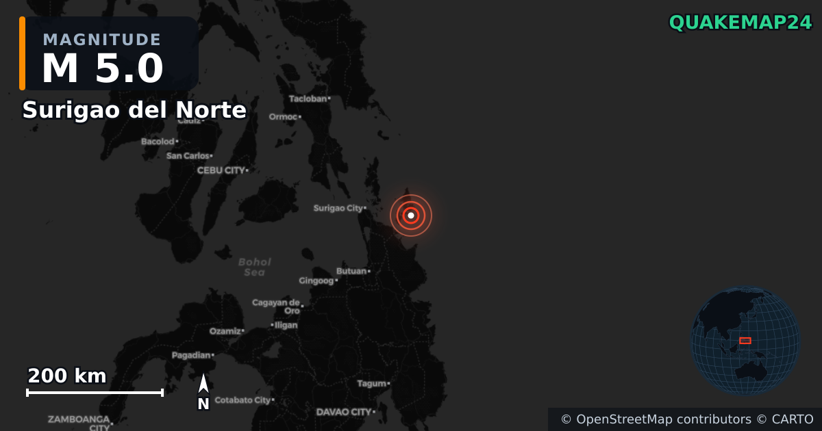 M5.0 earthquake near Surigao del Norte on Sep 7, 2025 — map of epicenter and shaking intensity | QuakeMap24