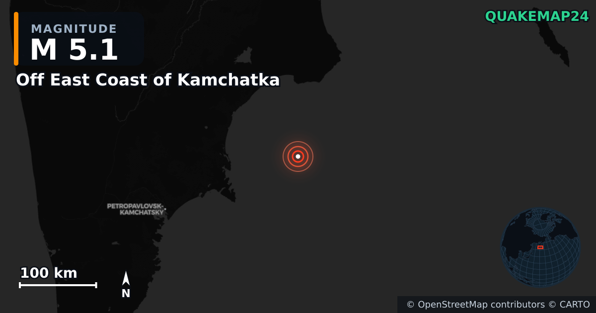 M5.1 earthquake near Off East Coast of Kamchatka on Oct 20, 2025 — map of epicenter and shaking intensity | QuakeMap24