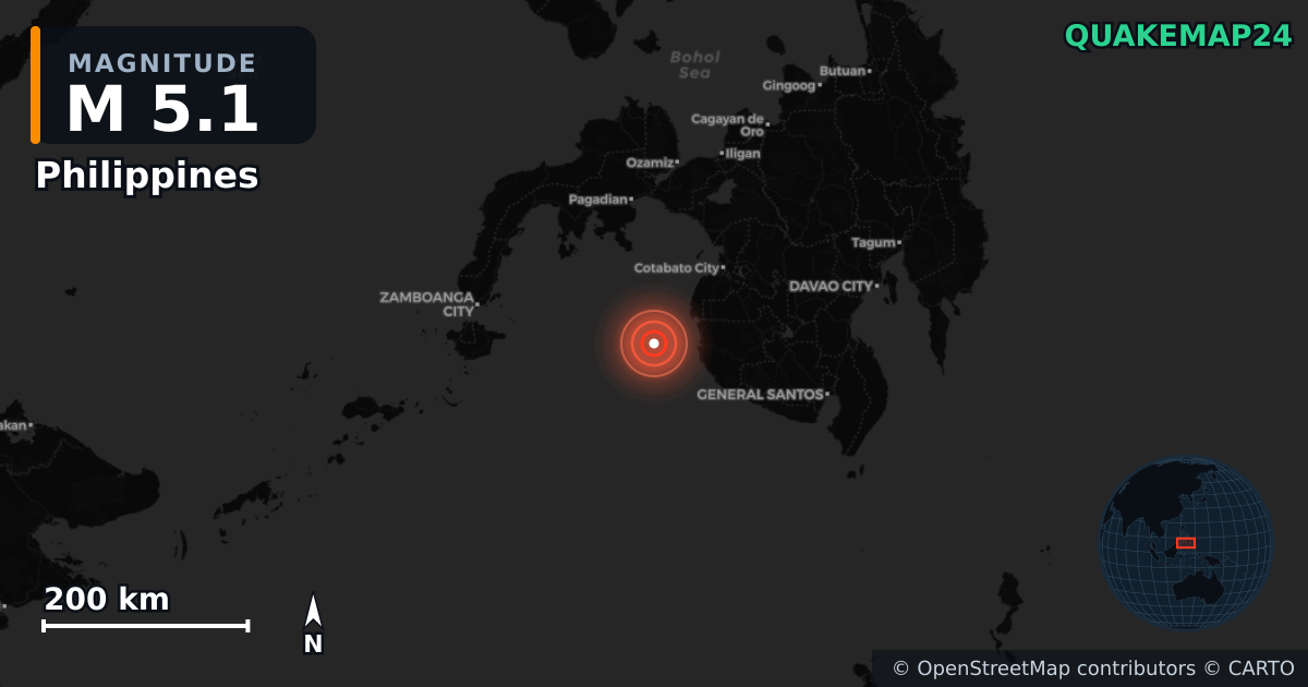 M5.1 earthquake near Philippines on Jan 19, 2026 — map of epicenter and shaking intensity | QuakeMap24
