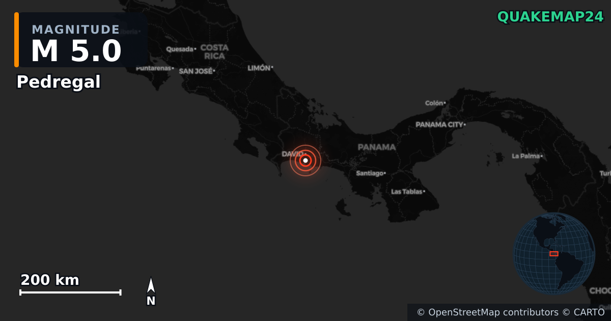 Erdbeben M5,0 bei Pedregal, Chiriquí (Panama) · 2026-10-09 — Karte der Lage des Epizentrums