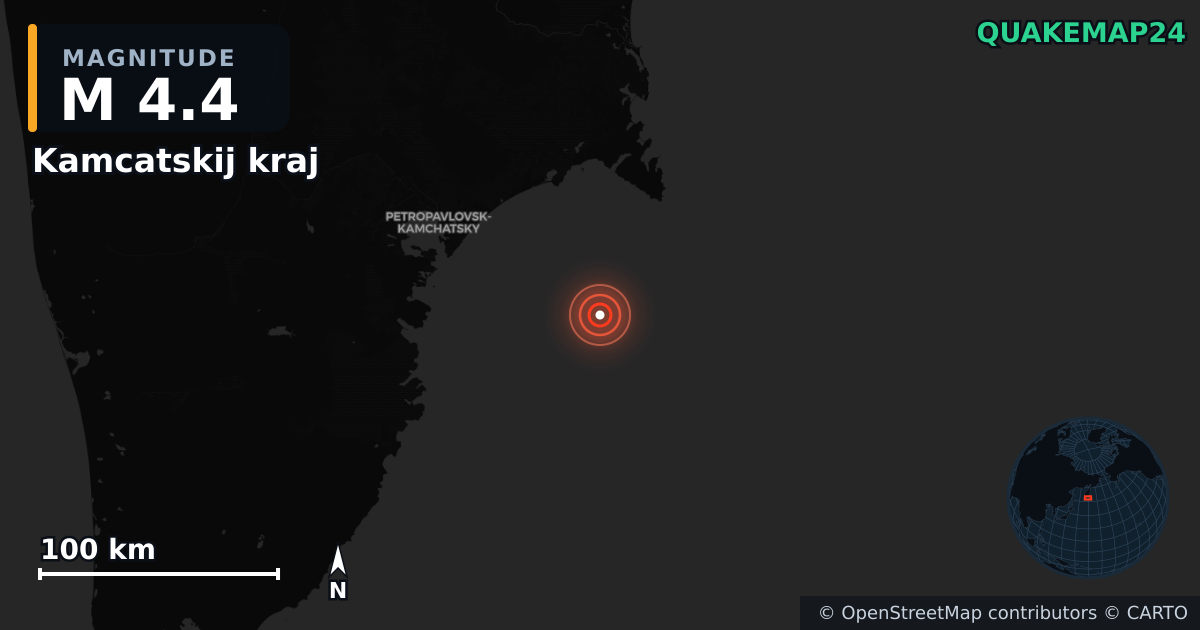 M4.4 earthquake near Kamcatskij kraj on Jul 27, 2025 — map of epicenter and shaking intensity | QuakeMap24