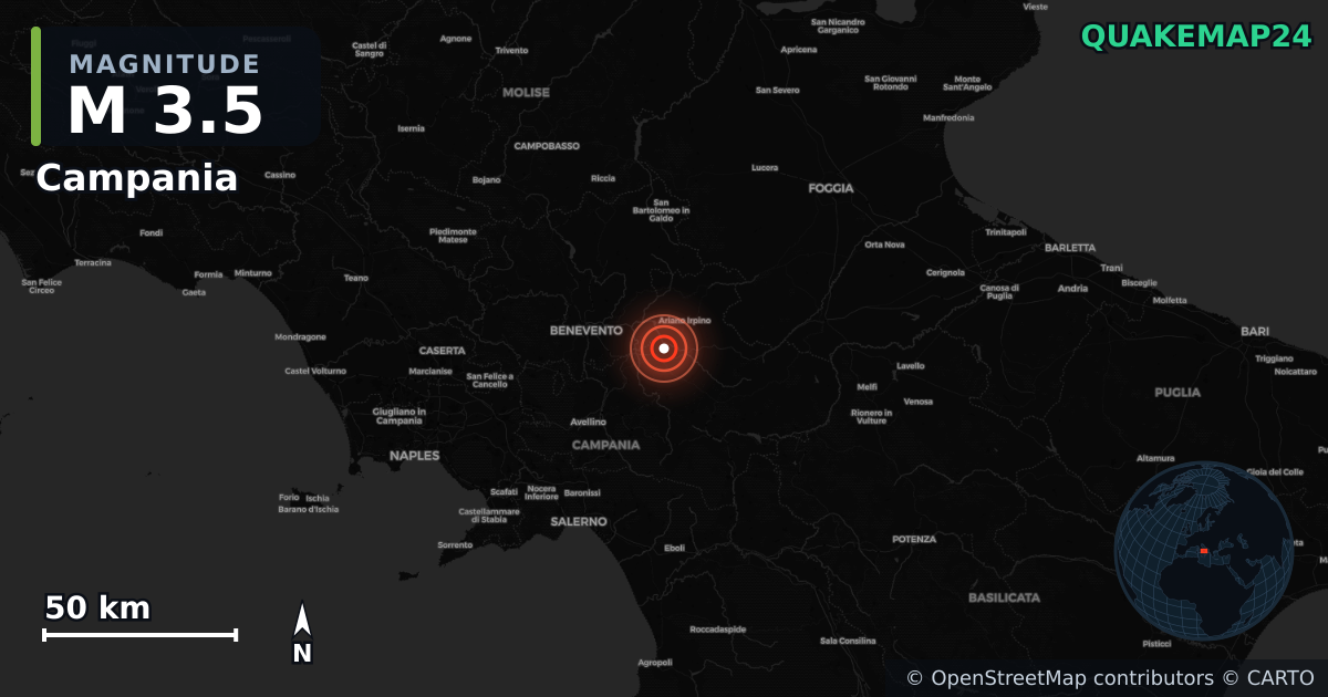 M3.5 earthquake near Campania on Jul 30, 2025 — map of epicenter and shaking intensity | QuakeMap24