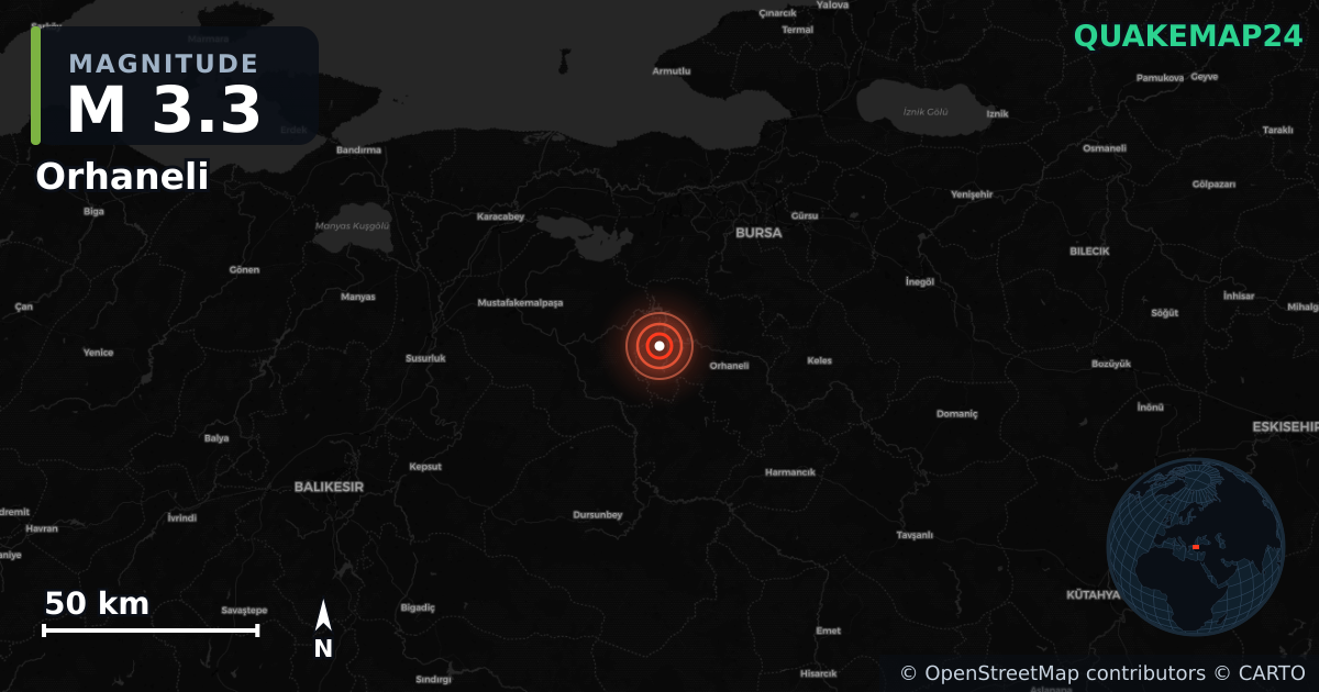 M3.3 earthquake near Orhaneli on Oct 6, 2025 — map of epicenter and shaking intensity | QuakeMap24