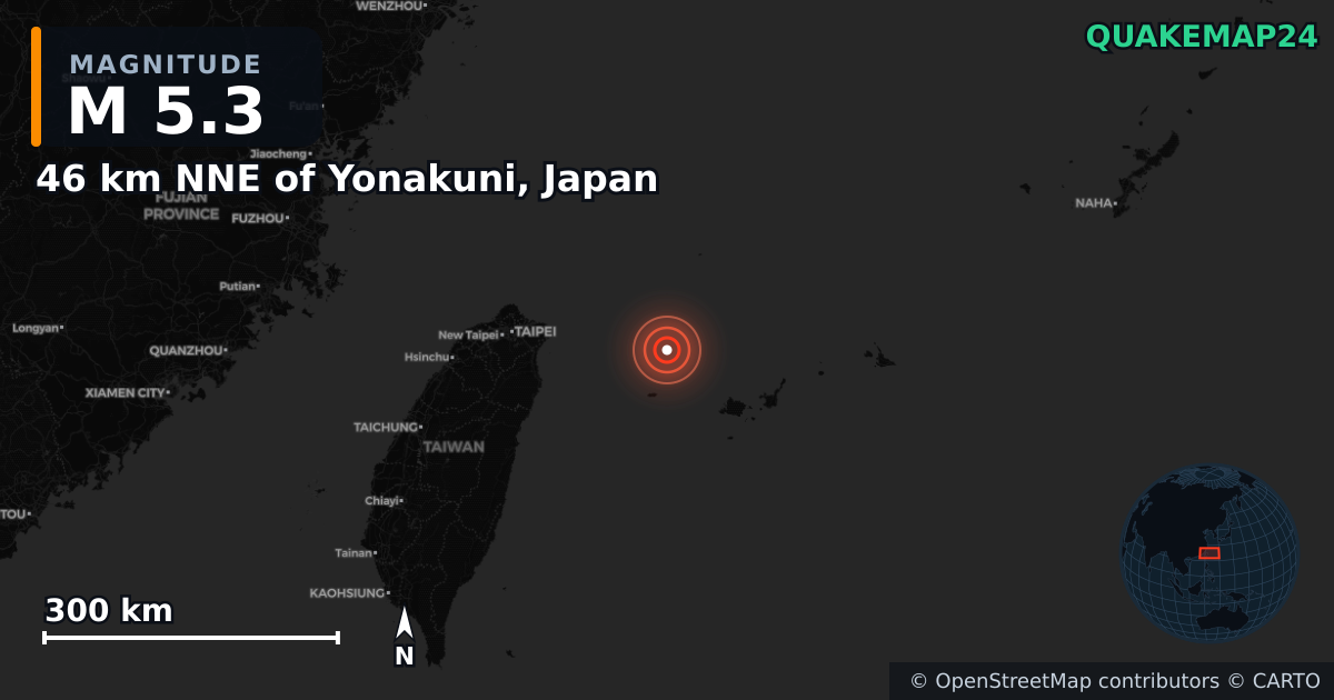 M5.3 earthquake near 46 km NNE of Yonakuni, Japan on Apr 8, 2025 — map of epicenter and shaking intensity | QuakeMap24