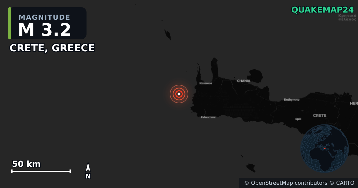 M3.2 earthquake near CRETE, GREECE on Sep 1, 2025 — map of epicenter and shaking intensity | QuakeMap24