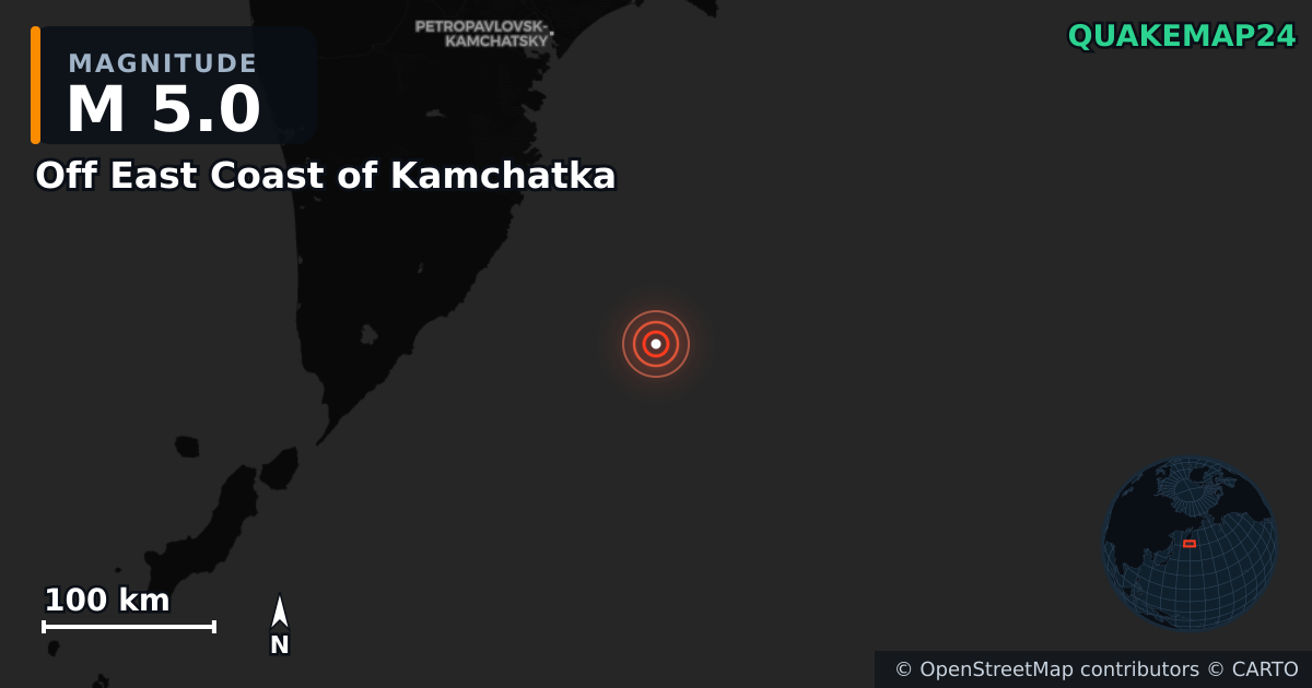 Terremoto de M5,0 cerca de Off East Coast of Kamchatka — Mapa de la ubicación del epicentro