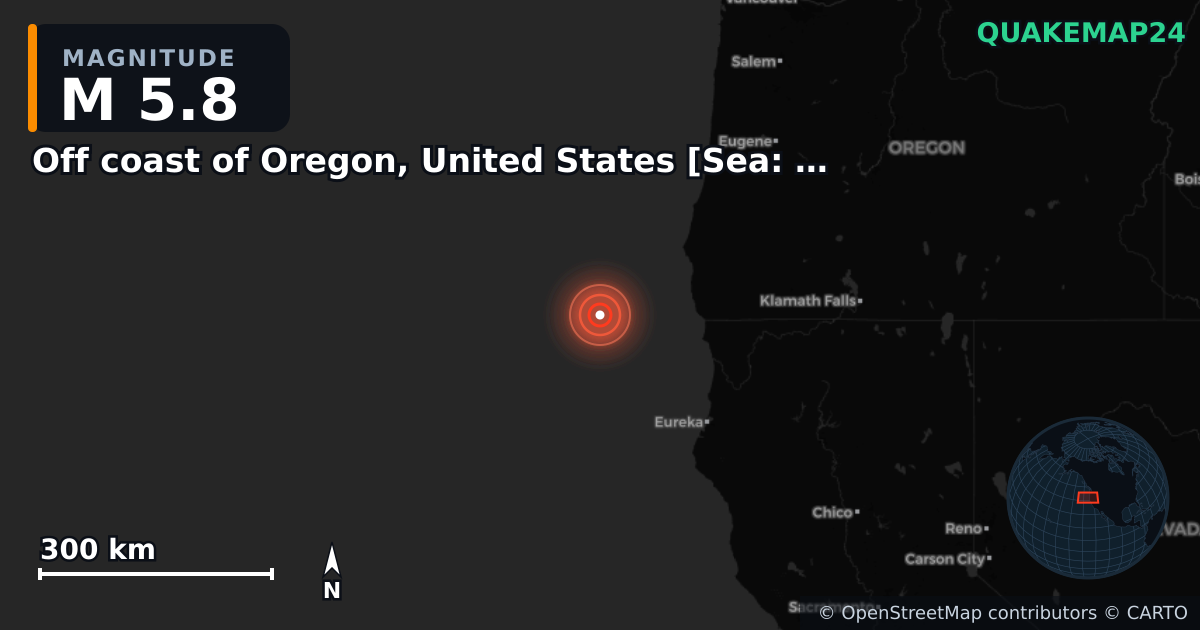 M5.8 earthquake near Off coast of Oregon, United States [Sea: United States] on Jun 3, 2026 — map of epicenter and shaking intensity | QuakeMap24