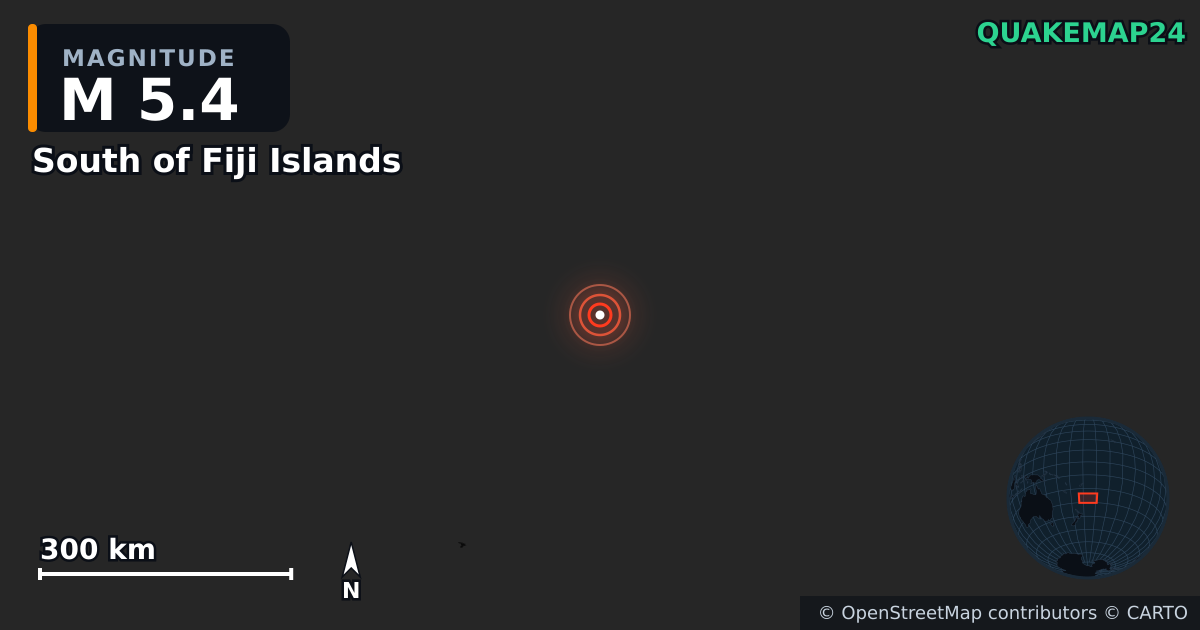 M5.4 earthquake near South of Fiji Islands on Dec 25, 2025 — map of epicenter and shaking intensity | QuakeMap24