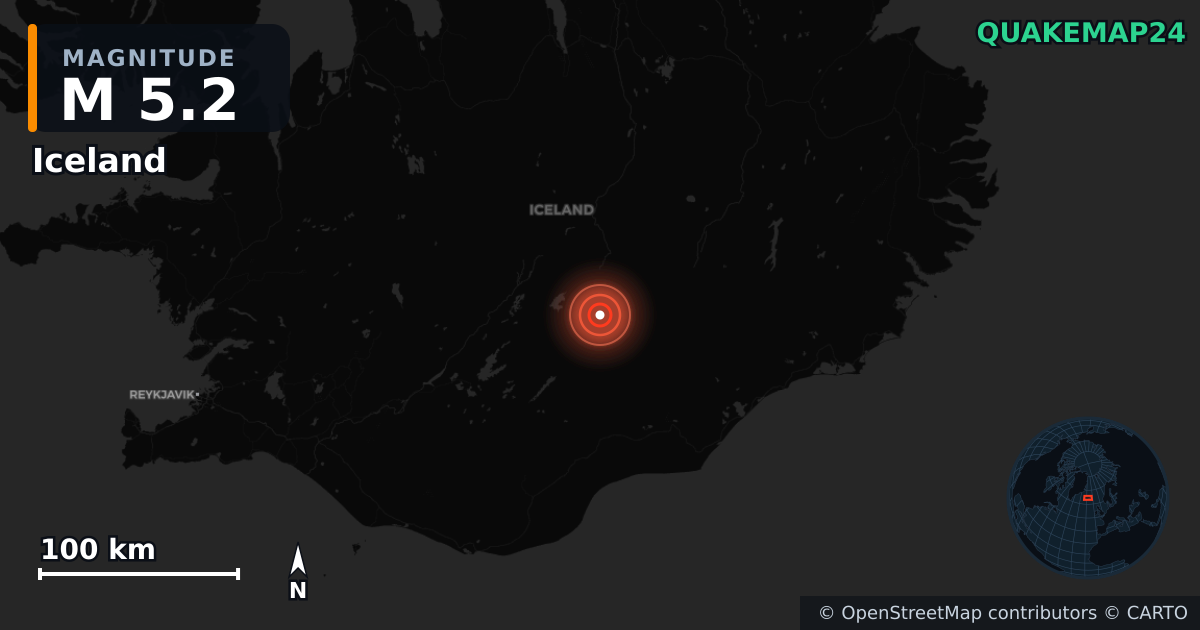 M5.2 earthquake near Iceland on May 5, 2025 — map of epicenter and shaking intensity | QuakeMap24