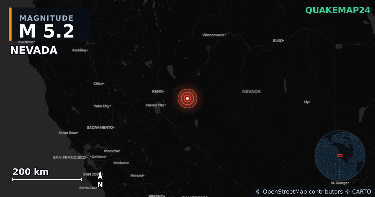 Erdbeben M5,2 bei NEVADA — Karte der Lage des Epizentrums