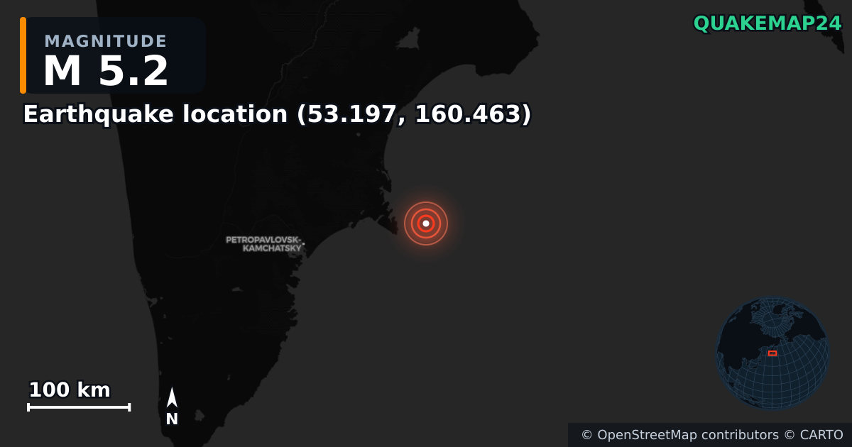 M5.2 earthquake near Deprem konumu (53.197, 160.463) on Sep 13, 2025 — map of epicenter and shaking intensity | QuakeMap24