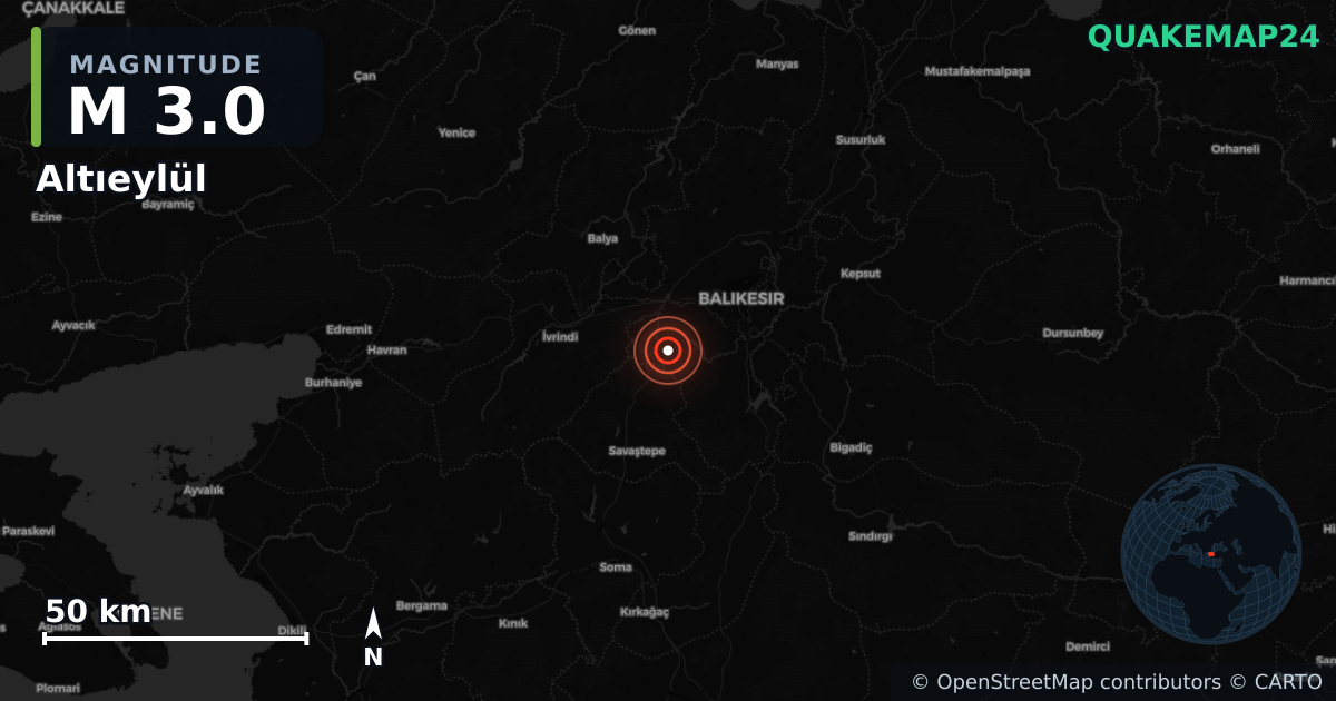 M3.0 earthquake near Altıeylül on Apr 8, 2026 — map of epicenter and shaking intensity | QuakeMap24