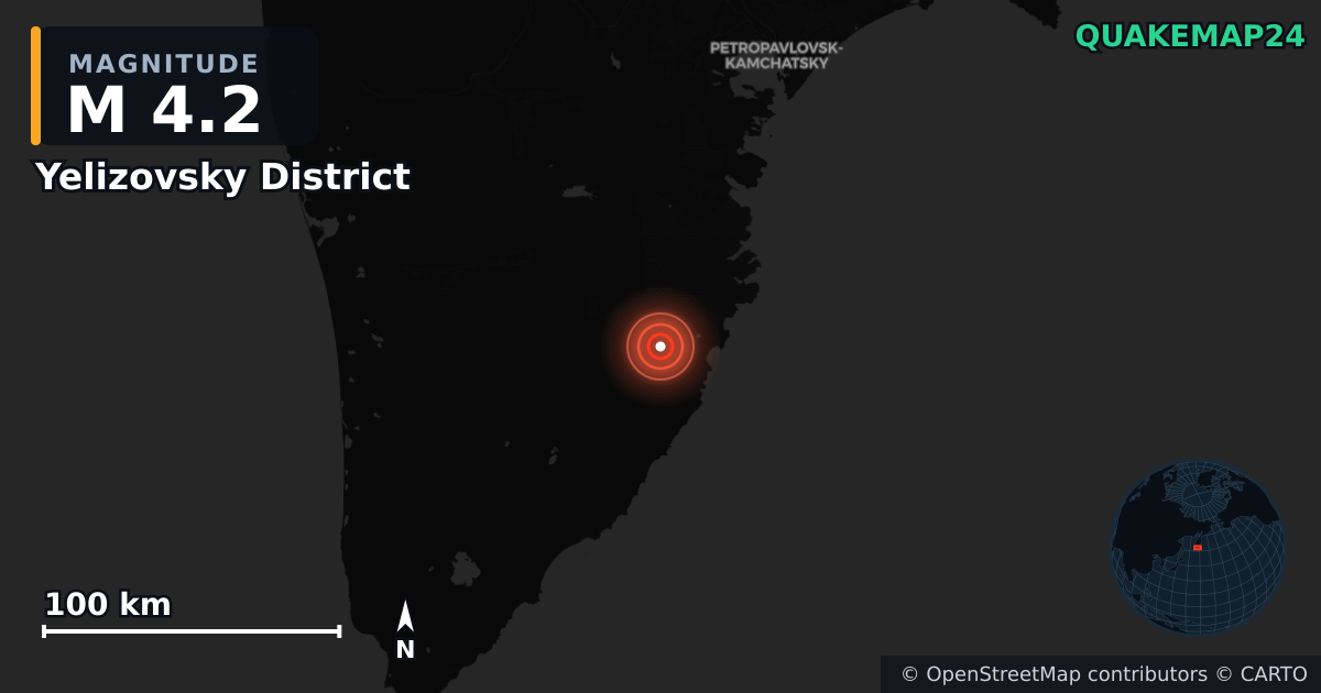 M4.2 earthquake near Yelizovsky District on Jul 14, 2026 — map of epicenter and shaking intensity | QuakeMap24