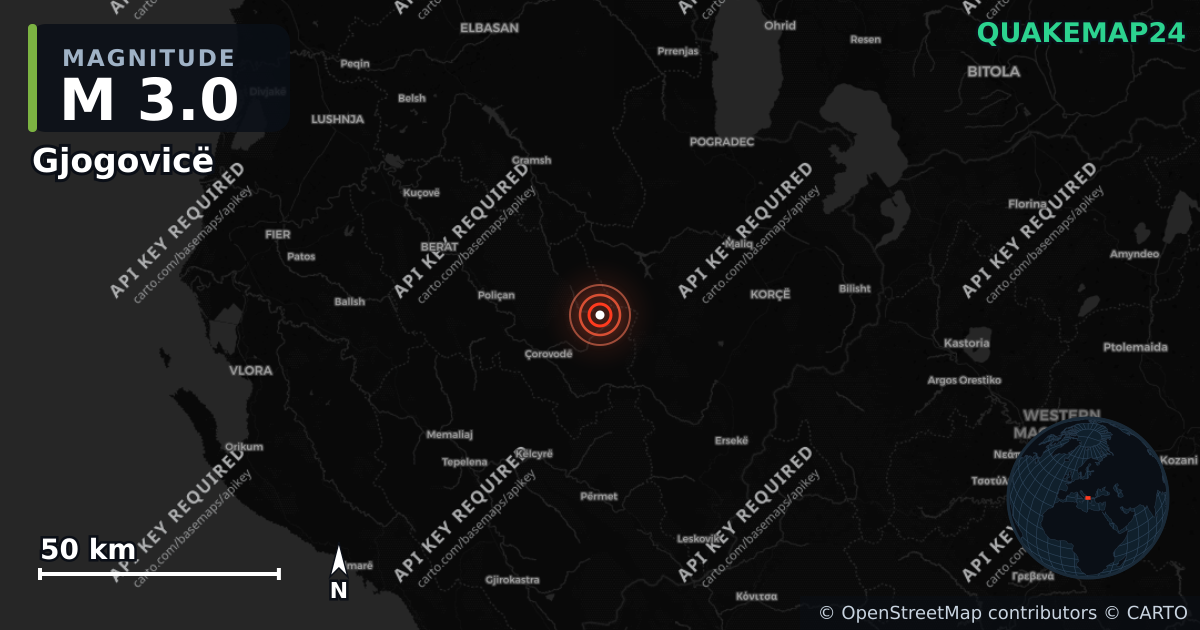 M3.0 earthquake near Gjogovicë on Jun 4, 2026 — map of epicenter and shaking intensity | QuakeMap24