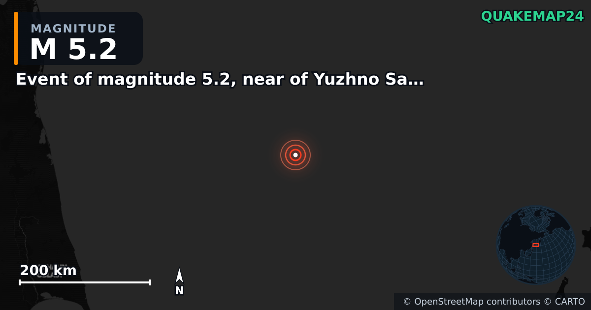 Event of magnitude 5.2, near of Yuzhno Sakhalinsk (Monde) yakınında M5,2 deprem — Deprem merkez üssünün konumunu gösteren harita