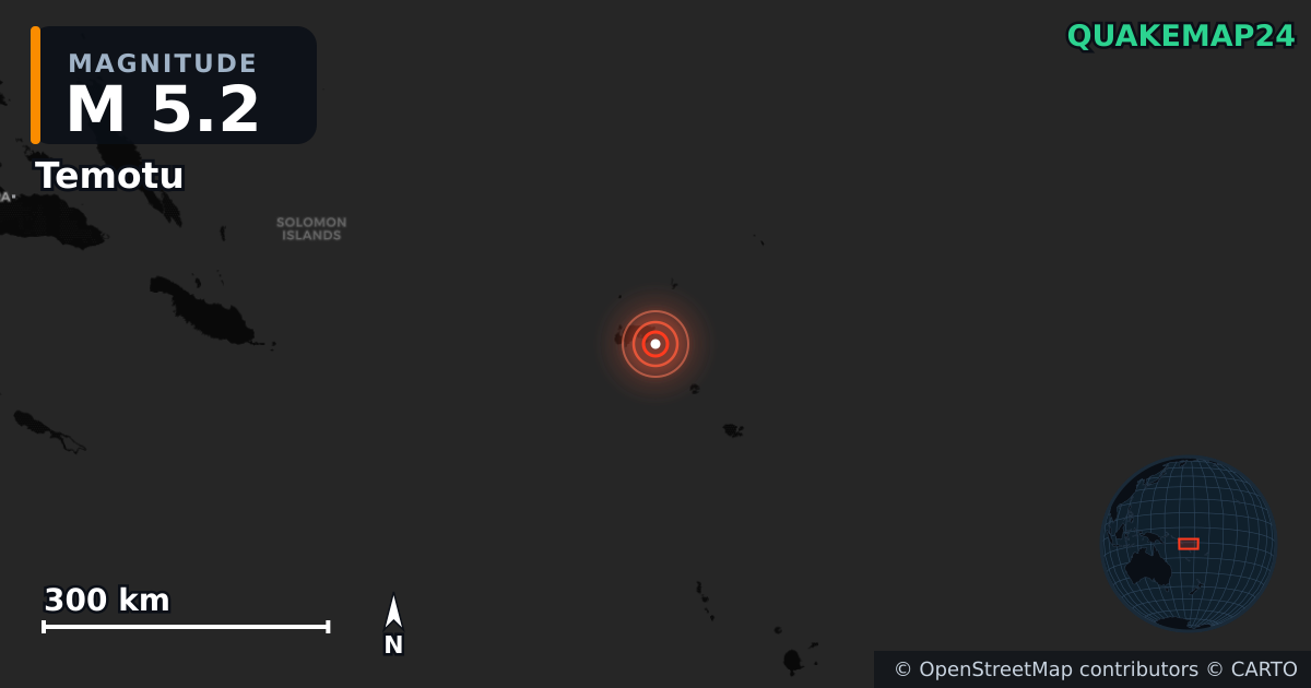 M5.2 earthquake near Temotu on Jul 24, 2025 — map of epicenter and shaking intensity | QuakeMap24