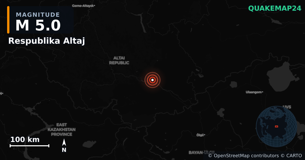 M5.0 earthquake near Respublika Altaj on May 25, 2025 — map of epicenter and shaking intensity | QuakeMap24