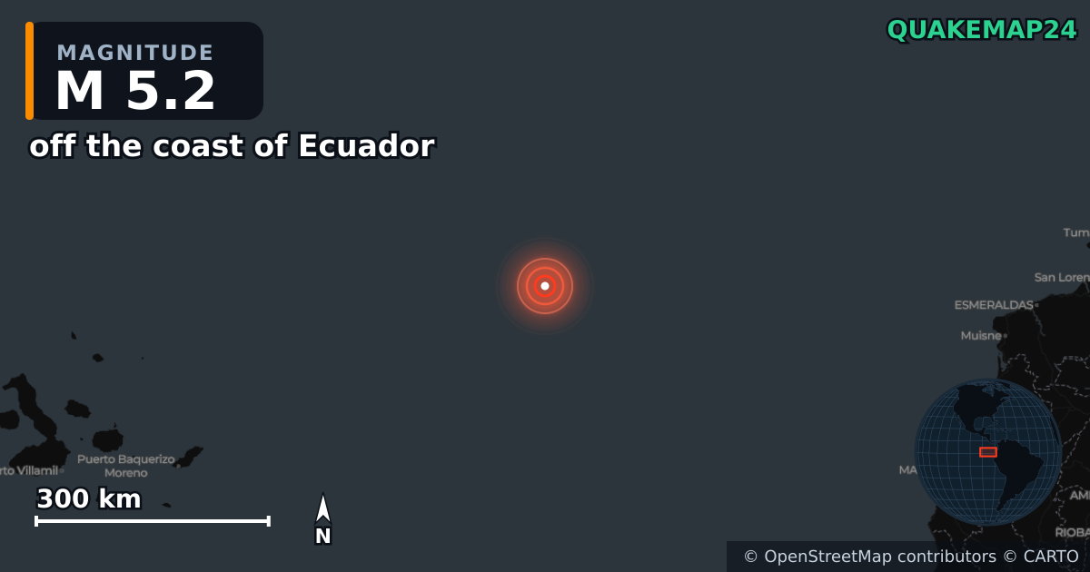 Σεισμός M5,2 κοντά στο off the coast of Ecuador · 2026-10-16 — Χάρτης της θέσης του επικέντρου