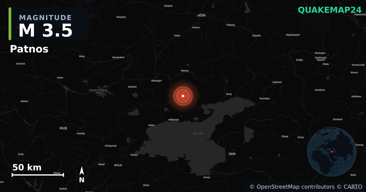 M3.5 earthquake near Patnos on Apr 13, 2026 — map of epicenter and shaking intensity | QuakeMap24