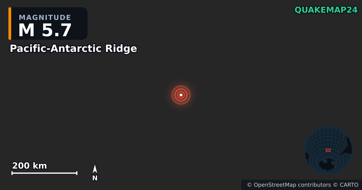 M5.7 earthquake near Pacific-Antarctic Ridge on Apr 6, 2026 — map of epicenter and shaking intensity | QuakeMap24