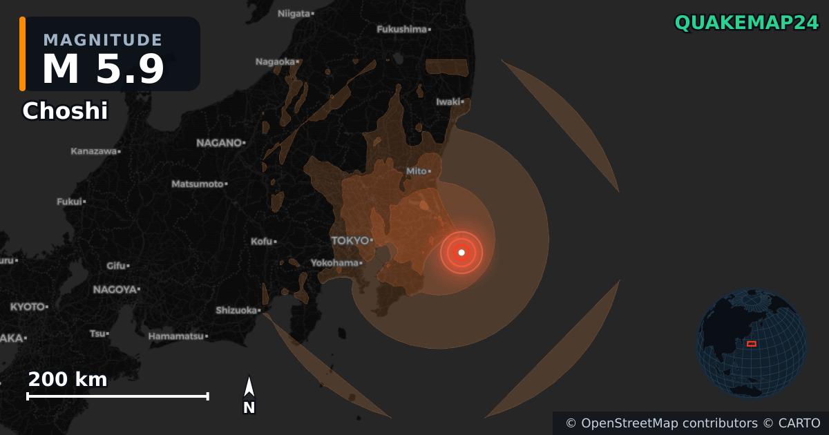 M5.9 earthquake near Choshi on Jun 26, 2026 — map of epicenter and shaking intensity | QuakeMap24