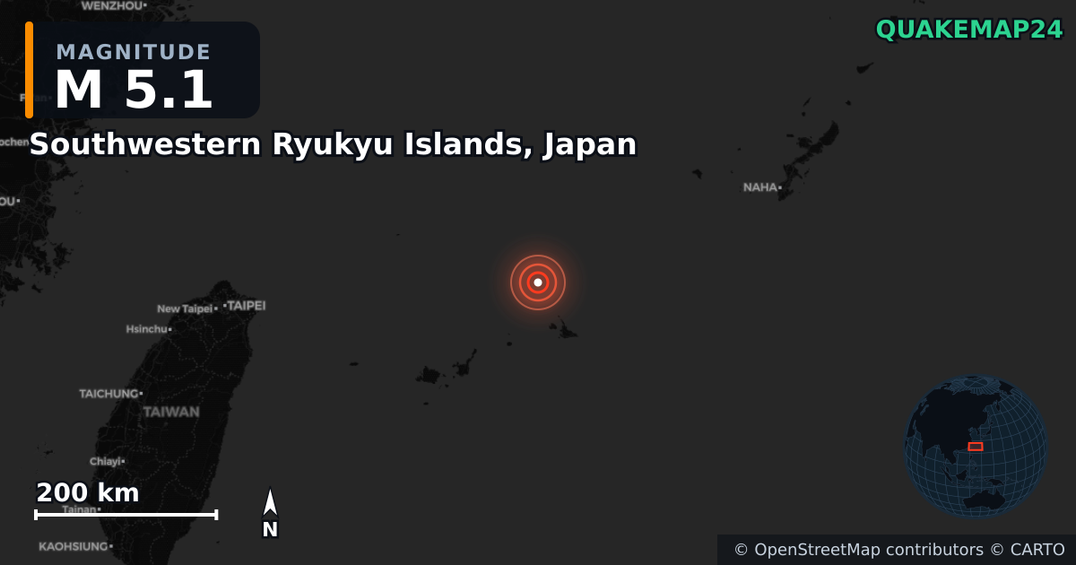 M5.1 earthquake near Southwestern Ryukyu Islands, Japan on Mar 6, 2026 — map of epicenter and shaking intensity | QuakeMap24