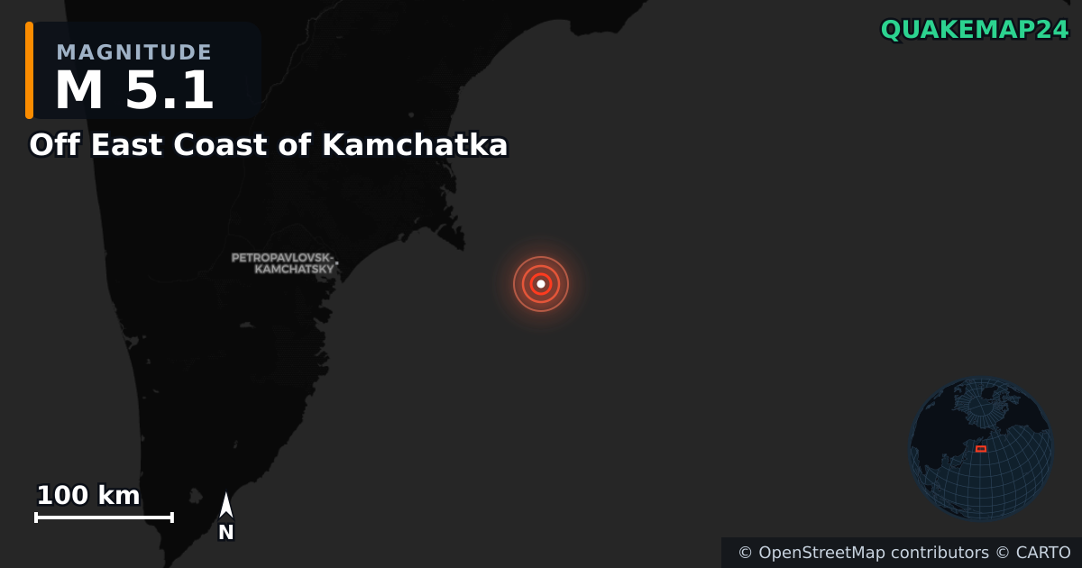 M5.1 earthquake near Off East Coast of Kamchatka on Jul 20, 2025 — map of epicenter and shaking intensity | QuakeMap24