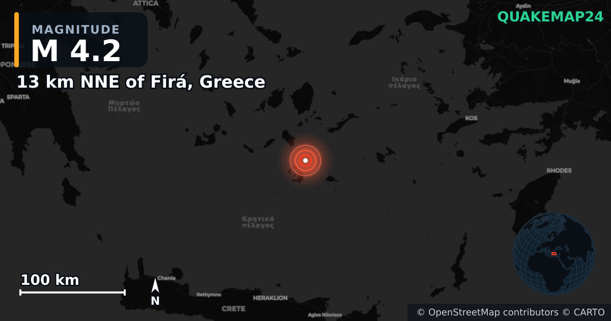 13 km NNE of Firá, Greece yakınında M4,2 deprem · 2025-02-12 — Deprem merkez üssünün konumunu gösteren harita
