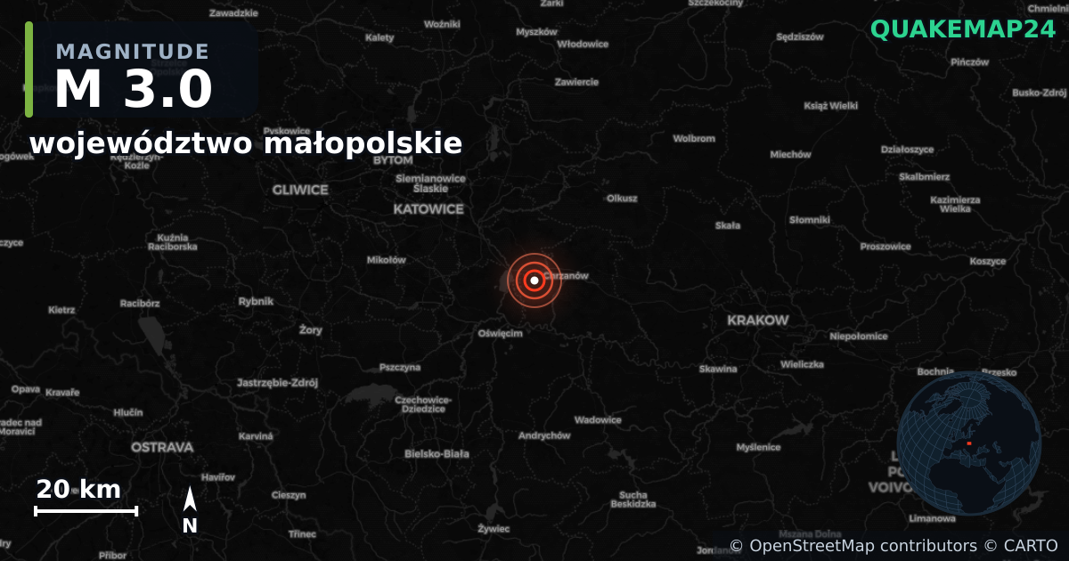 M3.0 earthquake near województwo małopolskie on Aug 19, 2025 — map of epicenter and shaking intensity | QuakeMap24