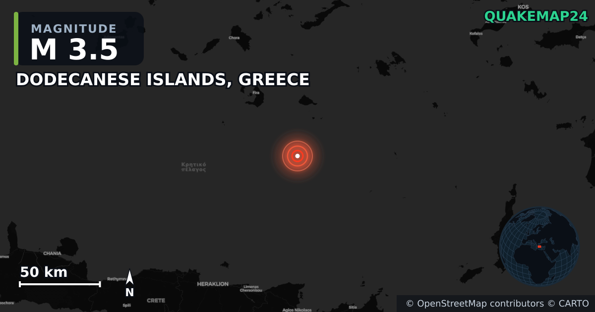 M3.5 earthquake near DODECANESE ISLANDS, GREECE on Dec 18, 2025 — map of epicenter and shaking intensity | QuakeMap24
