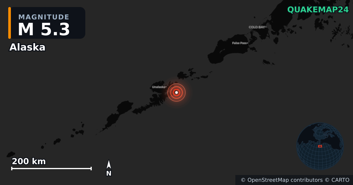 M5.3 earthquake near Alaska on Jul 27, 2025 — map of epicenter and shaking intensity | QuakeMap24