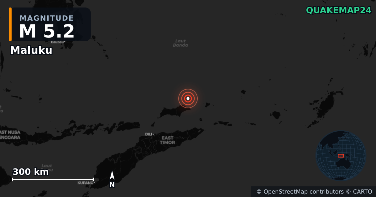M5.2 earthquake near Maluku on Aug 18, 2025 — map of epicenter and shaking intensity | QuakeMap24