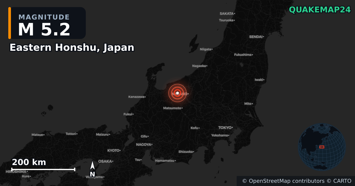 M5.2 earthquake near Eastern Honshu, Japan on Apr 18, 2026 — map of epicenter and shaking intensity | QuakeMap24