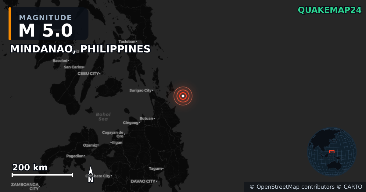 M5.0 earthquake near MINDANAO, PHILIPPINES on Sep 3, 2025 — map of epicenter and shaking intensity | QuakeMap24