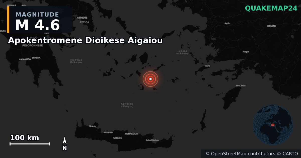 M4.6 earthquake near Apokentromene Dioikese Aigaiou on May 12, 2025 — map of epicenter and shaking intensity | QuakeMap24