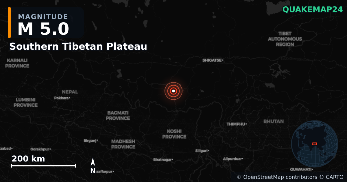 M5.0 earthquake near Southern Tibetan Plateau on Jan 13, 2025 — map of epicenter and shaking intensity | QuakeMap24
